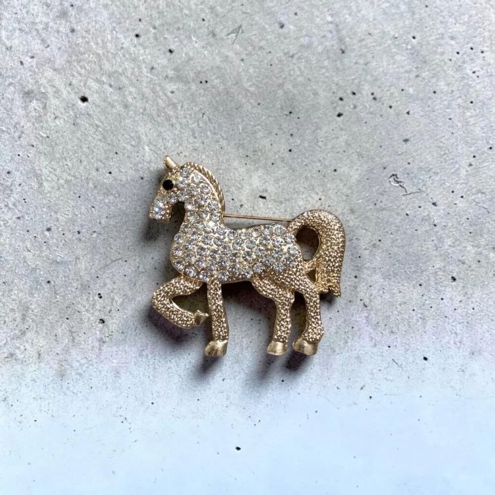 Gold Tone Rhinestone Horse Brooch, Equestrian Pony Pin, Sparkly Horse Jewelry